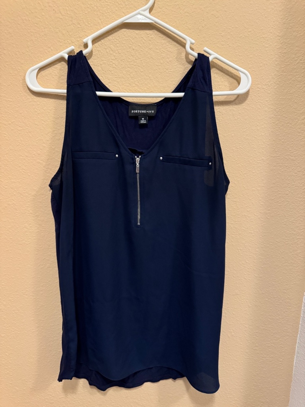 FORTUNE + IVY Shawnece Mixed Material Scallop Detail Blouse Blue Medium